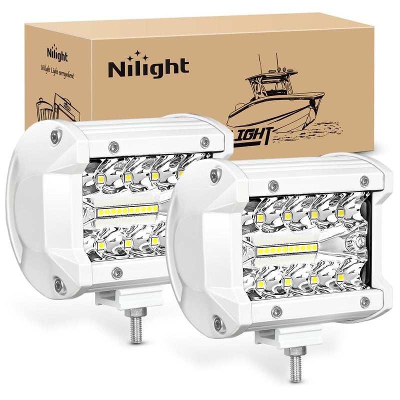 Nilight Marine LED Light Pods Navigation Lights 2PCS 4 Inch White Spot Flood Combo Ponton Boat Deck Dock Lighting for Night Fishing T-top Stern Yacht Port Sailboat Trucks Tractors 2Pcs White Shell with White Light LED Pods