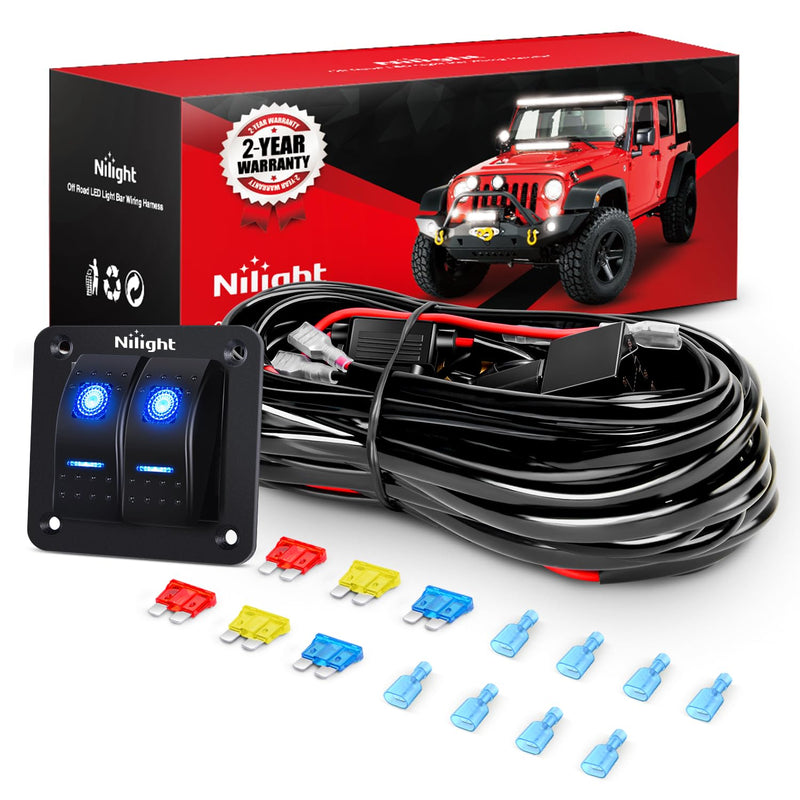 Nilight 16AWG LED Light Bar Wiring Harness Kit 12V On/Off 2 Gang Rocker Switch Panel Power Relay Blade Fuse 5Pin Toggle Switches for Cars Boat ATV Trucks-4 Leads 2Gang Rocker Switch 16AWG Wiring Harness