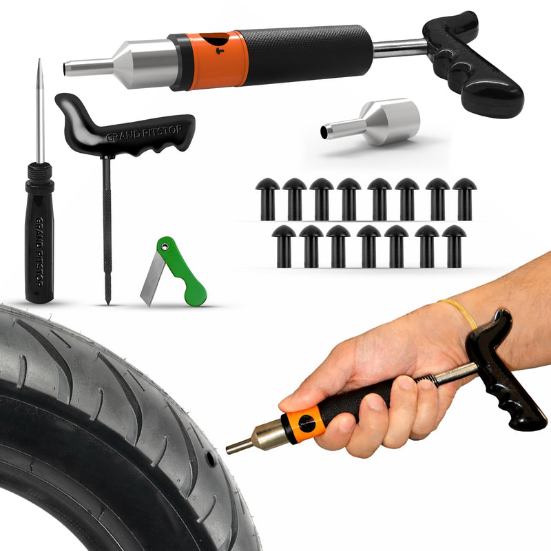 GRAND PITSTOP 21 Pcs Tubeless Tire Plugger Repair Kit with Multi-funcional Plier for Punctures and Flats on Cars, Motorcycles, ATV, RV, SUV, Trailer, Trucks & Tractors (15 Mushroom Plugs) Mini Plug With Hole+15 Plugs
