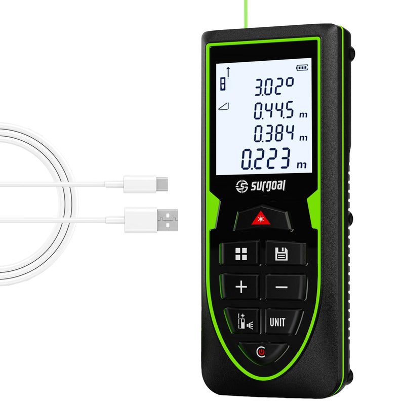 Mini Green Laser Distance Meter 262Ft – Rechargeable Digital Measuring Tool with USB Type-C, Area/Volume Modes, Max/Min, ±3mm Accuracy, Pocket-Sized Compact Design 393FT Laser Meter