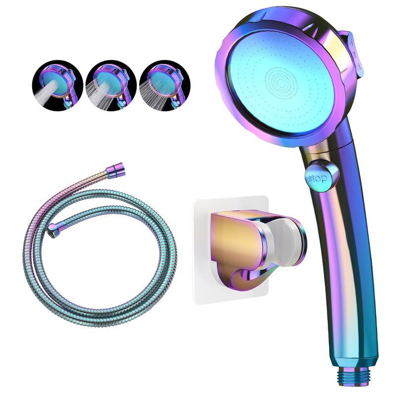KAIYING Drill-Free High Pressure Handheld Shower Head with ON/OFF Switch, 3 Spray Modes - Polished Finish, Shower Head (Radiant Rainbow) + Bracket + Hose Radiant Rainbow