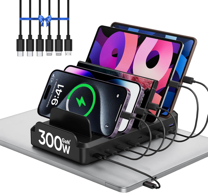 Lcssio 300W Charging Station for Multiple Devices, 8 Port Fast Charger | Fast Charging, Safety Certified, Compact Design, Organized Charging, Multiple Devices at Once, With 6 Cables Black