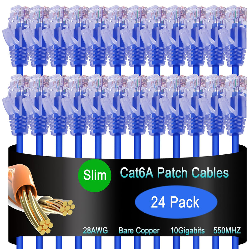 Cat6a Slim Ethernet Patch Cable 3 ft (24 Pack), Cat6a Patch Cable for Data Centers, Cat 6 Cable 10G, Network Patch Cables for Home and Enterprise Network -Blue Blue 3ft
