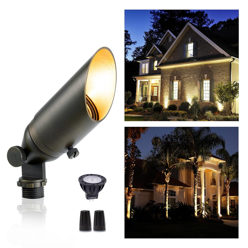 Gardenreet Landscape Spotlights Low Voltage - 12V Brass Outdoor Uplight Low Watt Wired, MR11 LED Spot Lights IP65 Waterproof, Bronze for Garden Yard Tree House with 2.5W 2700K Warm White Bulb Bronze (2700K Warm White) 1-Pack (Wiring Required)