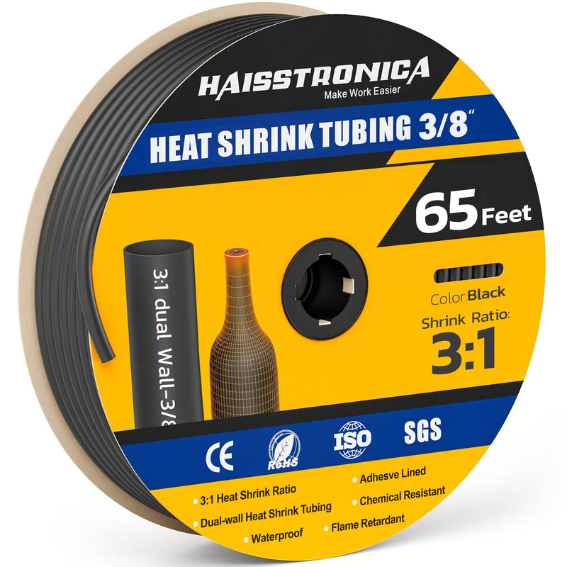 haisstronica 3/8" 65FT Heat Shrink Tubing, 3:1 Shrink Ratio Adhesive Lined, Marine Grade Waterproof Insulation Heat Shrink Tube - Black 3/8inch