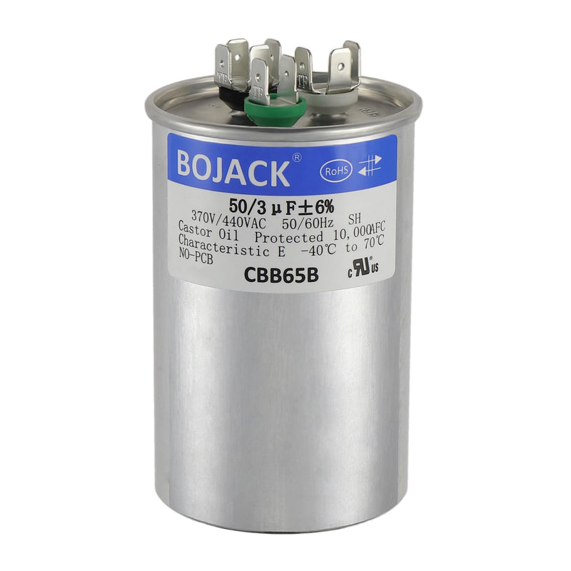 BOJACK 50+3 uF ±6% 50/3 MFD 370/440 VAC CBB65B Dual Run Start Round Capacitor for Condenser Straight Cool or Heat Pump Air Conditioner or AC Motor and Fan Starting