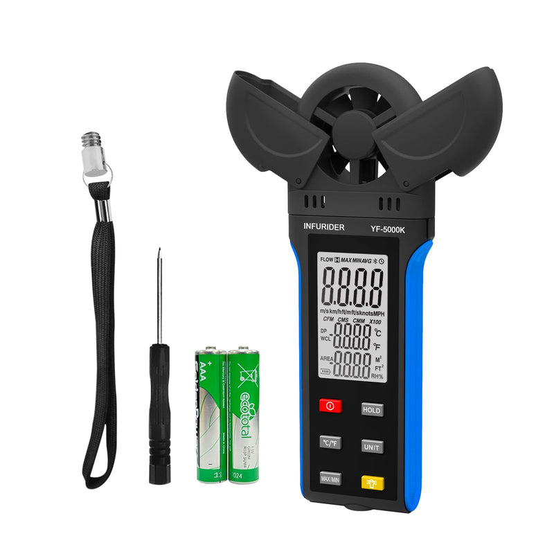 Digital Anemometer Wind Speed Meter, 6-in-1 Wind Gauge for Velocity/Temperature/Relative Humidity, Auto-Off with Data Hold, LCD Backlight, for Shooting, Sailing 5000K