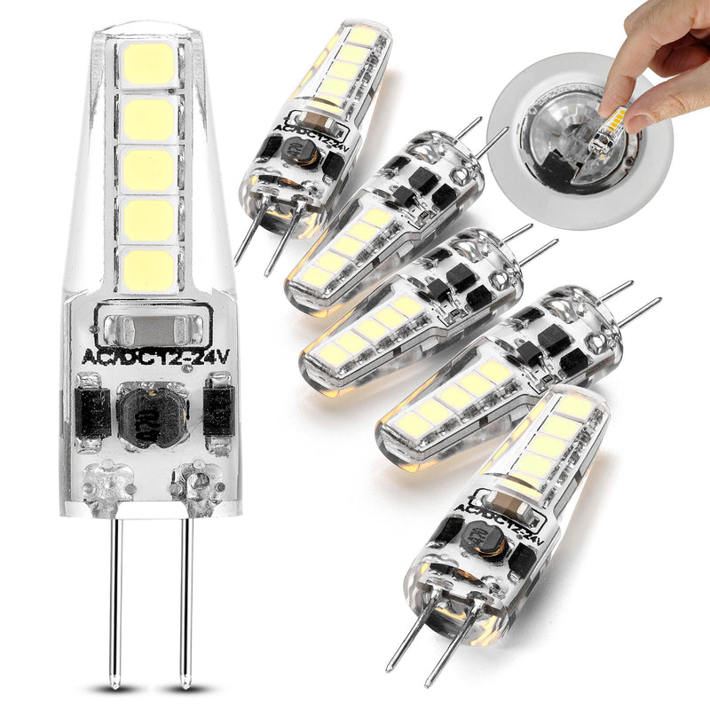 G4 LED Bulb 12-24V AC/DC 3W Daylight 6000K 20W Halogen Bulb Equivalent T3 JC Bi-Pin Base Ceiling Recessed Puck Light for RV Camper Trailer Marine Boat Motorhome, 5 Pack 6000k Daylight White G4 - 3W