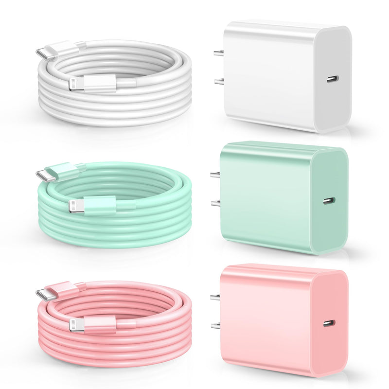 for Phone Charger Fast Charging, Upgarded 20W USB C Wall Charger with 3Pack 10FT USB C to Lightning Cable, Phone Cable Fast Charging Compatible withi Phone 14/13/12/12 Pro Max/11/Xs Max/XR 3*10ft USB C TO L White Pink Lightgreen