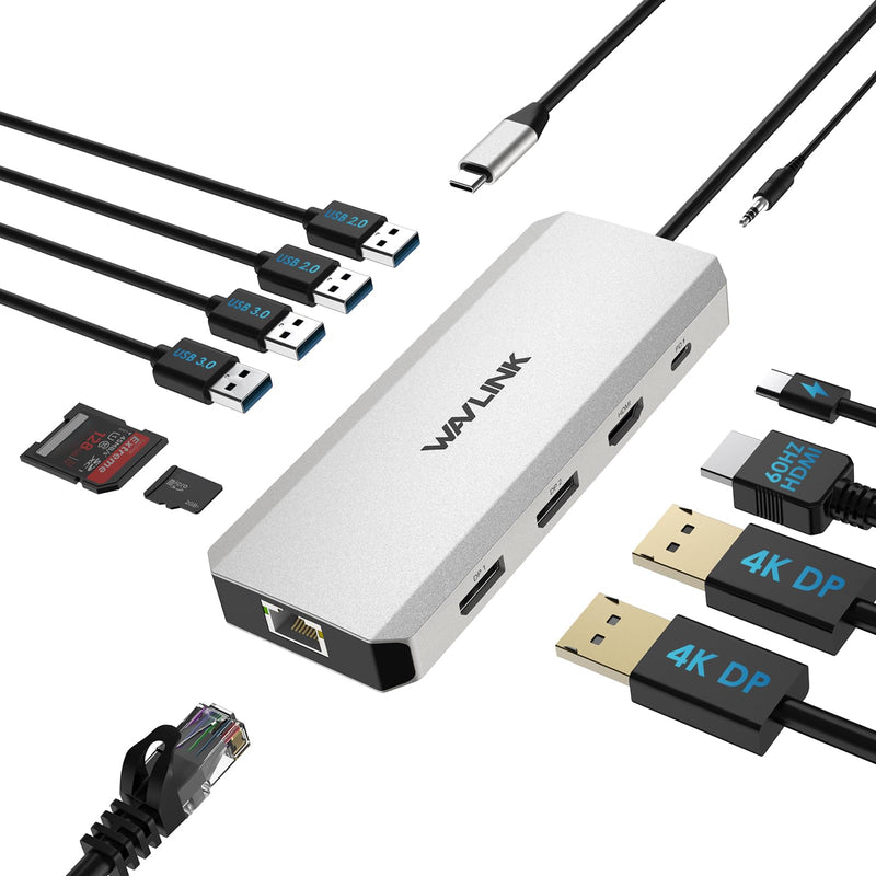 Laptop Docking Station,12 in 1 Triple Display USB C Hub for Windows with Dual DP, HDMI, 100W PD in, Gigabit Ethernet, USB3.0/2.0 Ports, SD/TF Card Reader, Mic/Audio for Lenovo HP Dell Silver