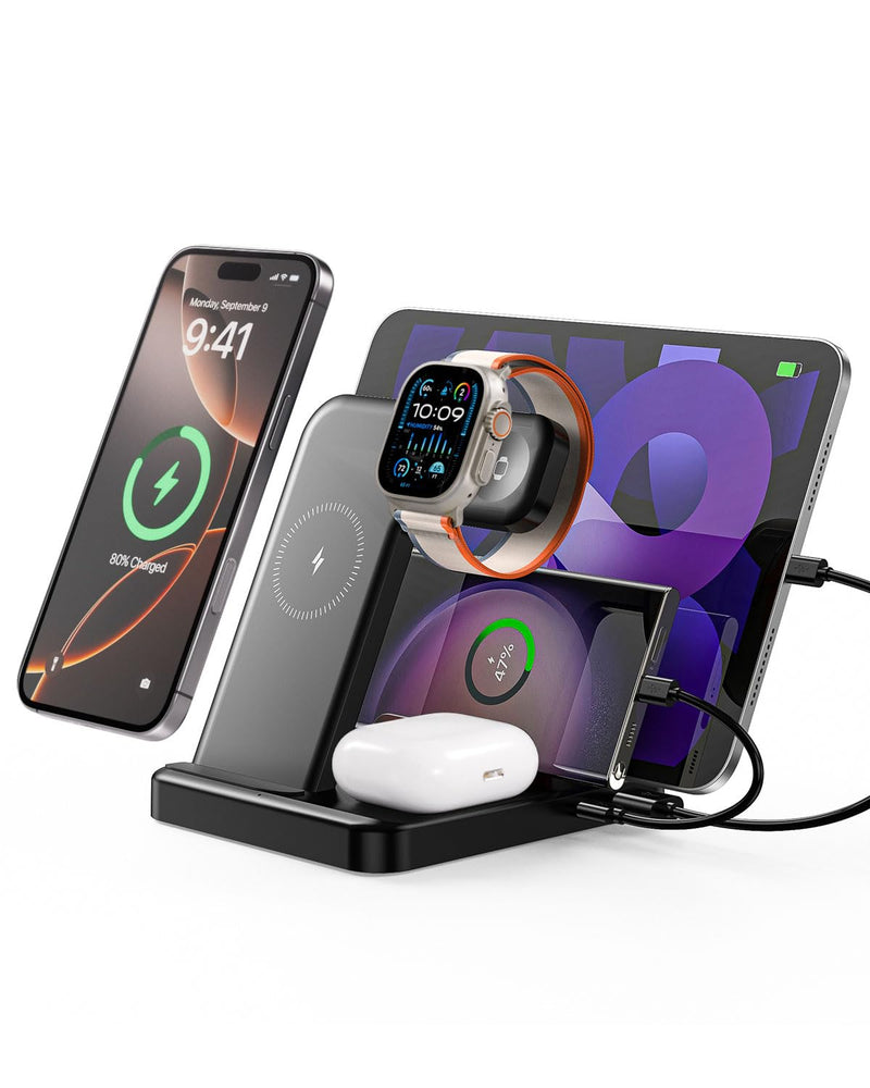 Multiple Devices Charging Station, 5-in-1 Charging Station for iPhone 17 Pro Max/Pro/16/15/14/13/12, iPad Pro/Air/Mini, Apple Watch and Airpods,Wireless Charging Dock(G805) (Black) Black