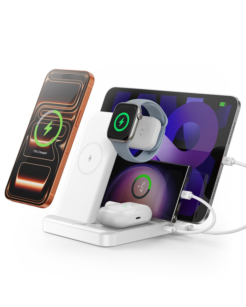Intoval 5-in-1 Charging Station, for iPhones 17/17 Pro/17 Pro Max and Androids, iPad Pro/Air/Mini, Apple Watch 11/Ultra 3/Ultra 2/Ultra/10/9/8/7/SE, Wireless Charging Dock for Multiple Devices (White) White
