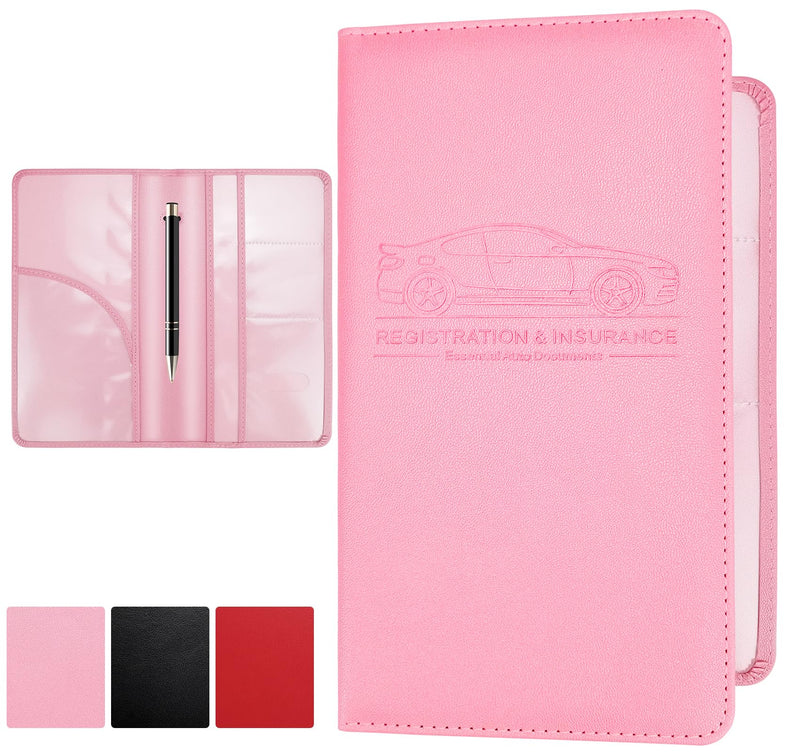 PLOJOP Car Registration and Insurance Card Holder, Leather License Document Pink Glove Box Compartment Organizer, Car Wallet Case for Essential Info, License Cards, ID Card L
