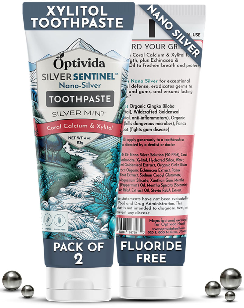 Optivida (2 Pack) Fluoride Free Colloidal Silver Infused Xylitol Toothpaste for Adults & Kids. Anti-Cavity*, Anti-Plaque* Coral Toothpaste with Spearmint Oil for Gum Health & Teeth whitening - 4oz 4 Ounce (Pack of 2)