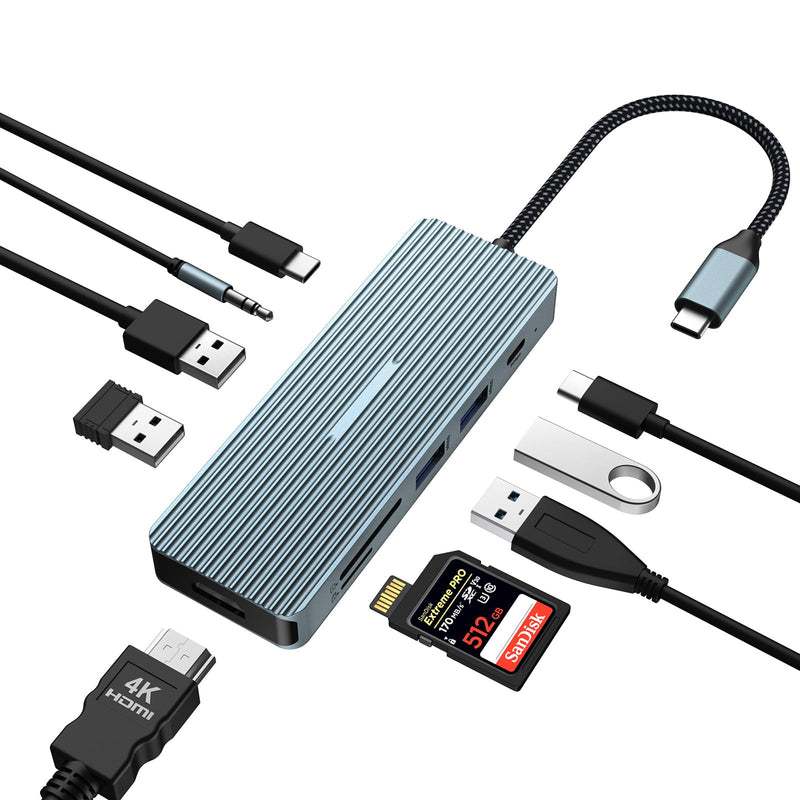 10 in 1 USB C Hub, Adapter with 4K HDMI, 2 x USB 3.0, USB-C 3.0 Data, 2 x USB 2.0, 100W PD, SD/TF, Audio Jack, Dock Compatible with Laptops, iPad
