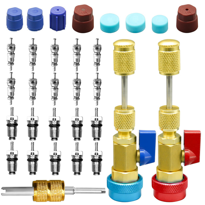 31Pcs R134A Valve Core Remover Installer Tool Kit, High Low Pressure Valve Core Quick Removal Tool Comes with AC Service Port Cap R134A Valve Core Valve Stem for Refrigerant Air Conditioner System