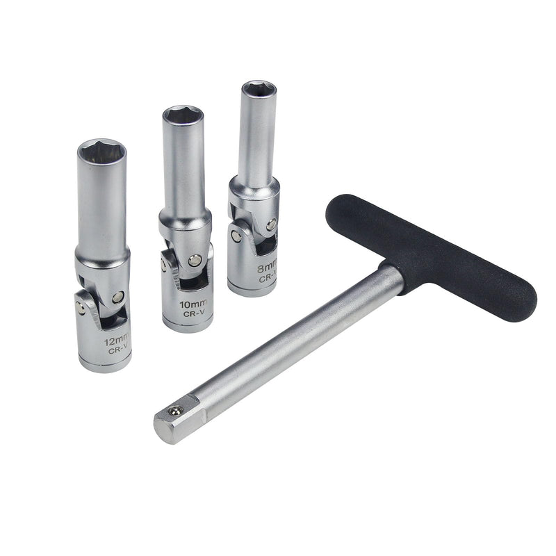 4 Piece Glow Plug Socket Set with 3/8" Dr T-Bar, Glow Plug Sizes (8mm, 10mm, 12mm) Ideal Broken Glow Plug Removal Tool
