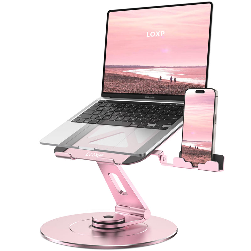 Ultra-Stable Aluminumy Swivel Laptop Stand for Desk with Rotating Foldable Phone Holder, 300% Larger Base, Stylish Computer Stand for Women, Men Office, Fits 10-17.3" Laptops, Pink