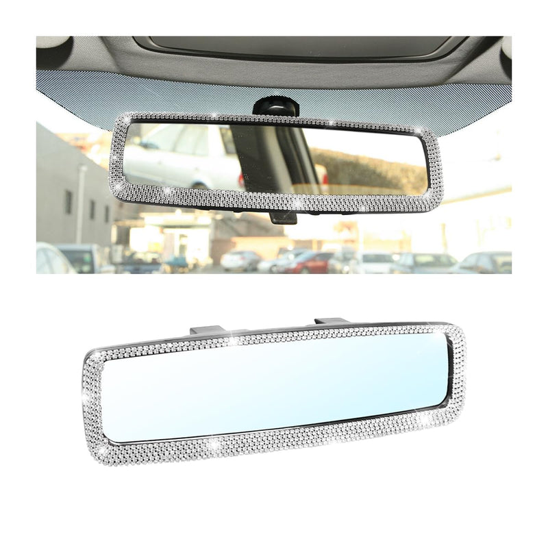Bling Car Rearview Mirror, Decorations Rear View Mirror with Crystal Rhinestones & Diamonds, Car Interior Trim Accessories, Clip-on & HD Glass, Sparkly Gift for Mother Women Girls (Silver) Silver