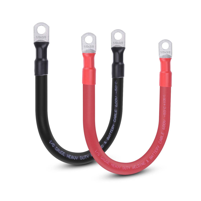 1/0 AWG Flexible Battery Cable with 3/8" Terminals - OFC Pure Copper Inverter & Welding Wire for Automotive Solar RV Motorcycle (Red + Black 1FT Pair) 1/0AWG 3/8" 1 FT Black + 1 FT Red