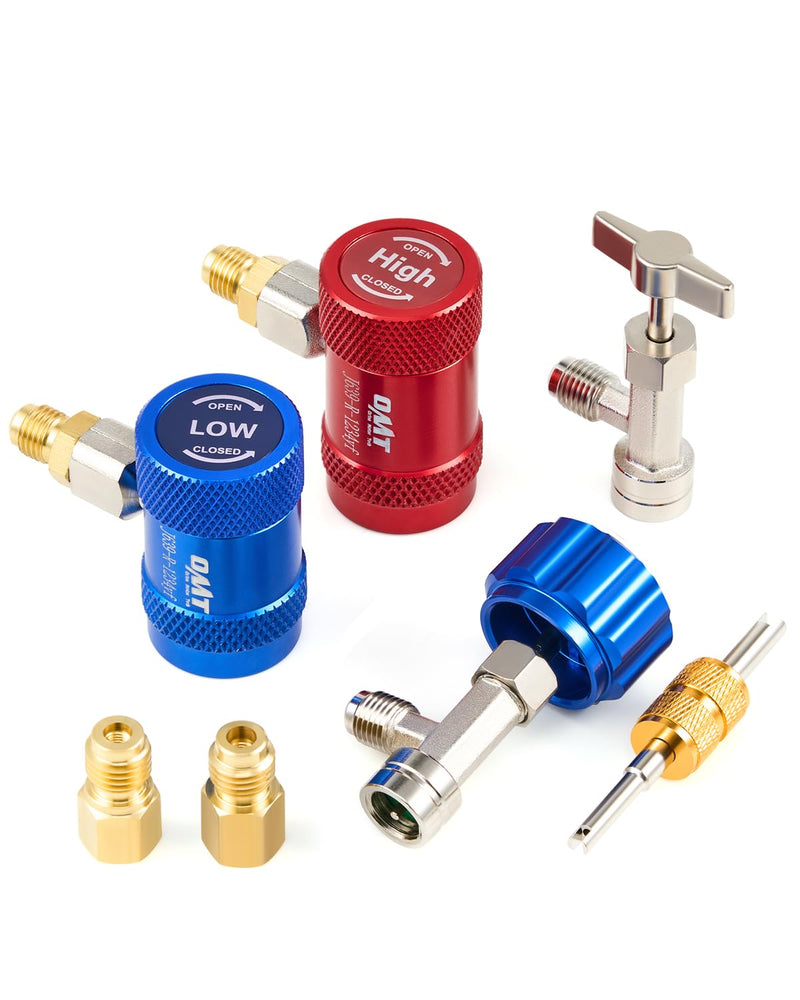 Orion Motor Tech R1234yf Quick Couplers Set, R1234yf Adapter Tool Kit with Self-Sealing & Puncture Can Tap, High & Low R1234yf Couplers Set with Valve Core Remover for 1/4" & 1/2" HVAC Charging Hoses