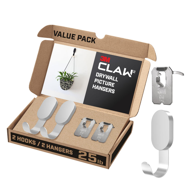 3M CLAW 25 lb. 2 Drywall Silver Hooks & 2 Extra Picture Hangers, Heavyweight Hanging Solution for Backpacks, Jackets, Pictures and Room Decor, Cute Wall Hooks - 4 Pack