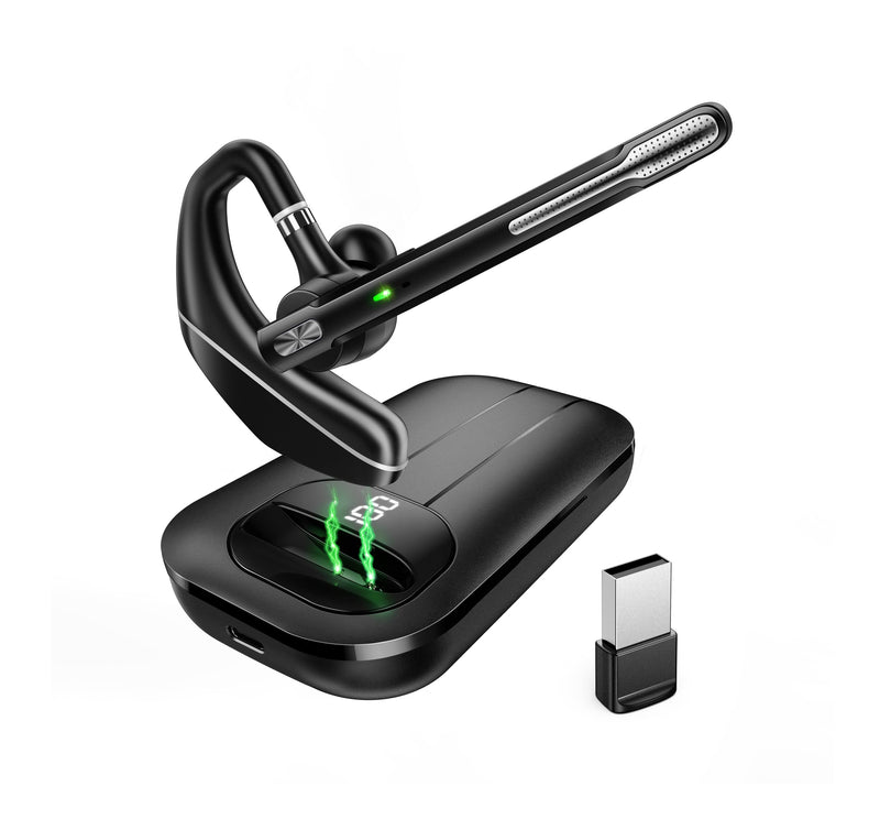 EKVANBEL Bluetooth Headset V5.3, Wireless Earpiece with 1000mAh Charging Case, 96H Talktime, Hands Free Noise Canceling Headphones with Dual-Mic for Computer Cell Phones Trucker Home Office Work Black