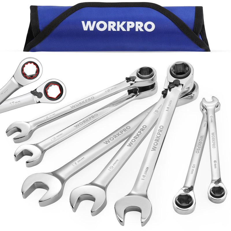 WORKPRO 7-Piece 3-in-1 Reversible Ratchet Wrench Set, Metric 8mm to 17mm, 6PT & 12PT & Open-End Wrenches, 72-Teeth Ratcheting Combination Wrench with Rolling Pouch