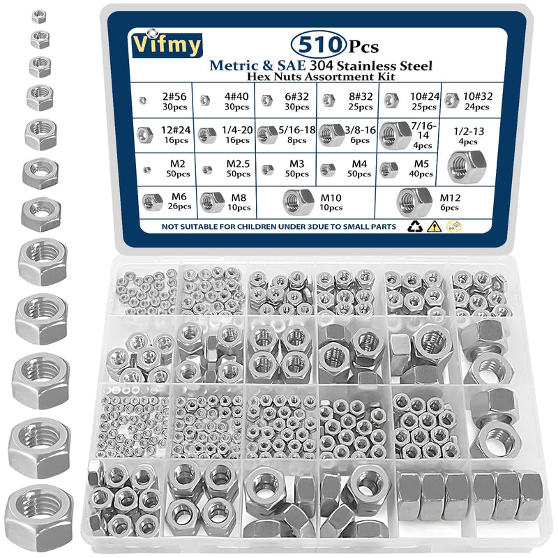 2 in 1 SAE & Metric Hex Nut Assortment Kit(510pcs),2#56 4#40 6#32 8#32 10#24 10#32 12#24 1/4-20 5/16-18 3/8-16 7/16-14 1/2-13 M2 M2.5 M3 M4 M5 M6 M8 M10 M12 304 Stainless Steel Nuts Set SAE&Metric-510