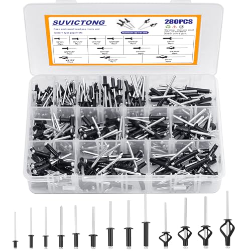 280pcs Black Pop Rivets Assortment Kit, SUVICTONG Aluminum Blind Rivets, (1/8" 5/32" 3/16") 13 Sizes Tri-fold Exploding Pop Rivet for Kayak Marine Boat Black 280 Pop Rivets & Washers