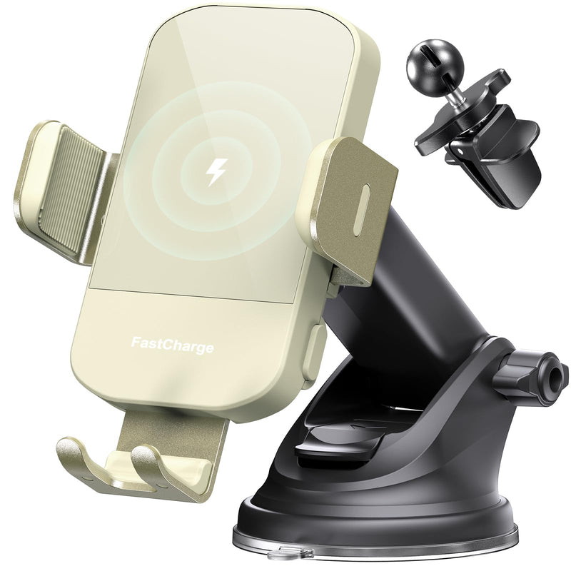 CHGeek Wireless Car Charger, 15W Fast Charging Auto Clamping Car Charger Phone Mount Phone Holder fit for iPhone 15 14 13 12 11 Pro Max Xs, Samsung Galaxy S25 Ultra S24 S23 S22, S21, S20, Khaki Upgraded Wireless Car Charger-Khaki