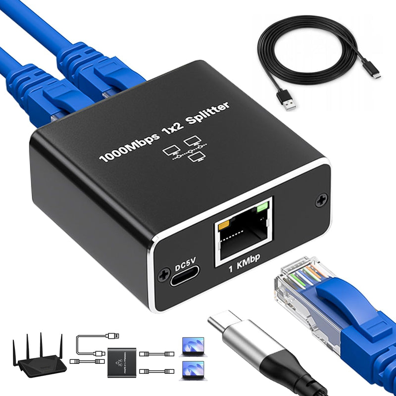 Ethernet Splitter 1000 Mbps High Speed, RJ45 Internet Cable Splitter 1 to 2 - Cat6 Extended Connector Compatible with Cat5/5e/6/7/8 Cable Ethernet Splitter 1 to 2