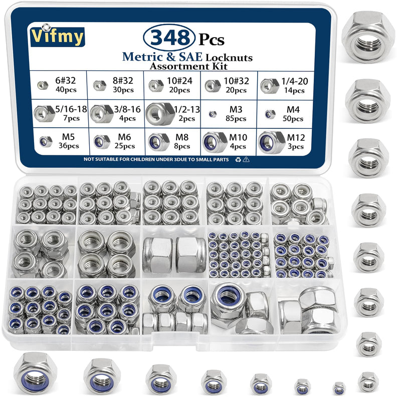 SAE & Metric Nylon Insert Lock Nuts Kit(348Pcs),6#32 8#32 10#24 10#32 1/4-20 5/16-18 3/8-16 1/2-13 M3 M4 M5 M6 M8 M10 M12 304 Stainless Steel Locknuts Sets SAE and Metric Locknuts, 348 Pcs