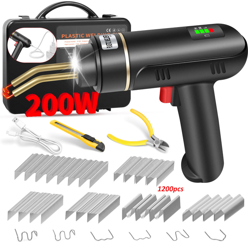 200W Cordless Plastic Welder, Plastic Welding Kit with 1200PCS Hot Stapler, USB Rechargeable Plastic Welder Gun with 5000mAh Battery, Plastic Weld Bumper Repair Kit for Most Plastic Repair Black