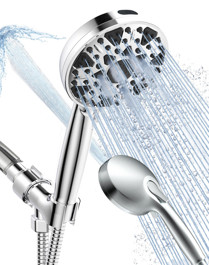 BOWGER Shower Head with Handheld High Pressure Multi-Function 7 modes, Built-in Power Wash to Clear Tub, Tile & Pets, 5” High Flow Hand Held Rain Showerhead with Extra Long Hose and Adjustable Bracket Luxury Chrome Polished