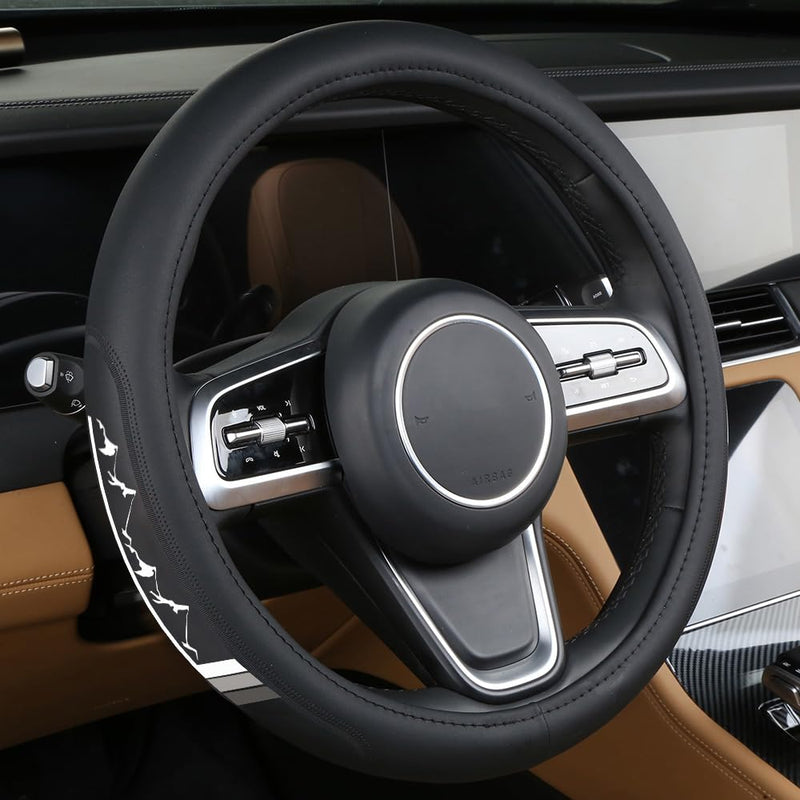 Premium Leather Sport Mountain Steering Wheel Cover 15.5inch for Men Women Compatible with Car Truck SUV Leather-Gray