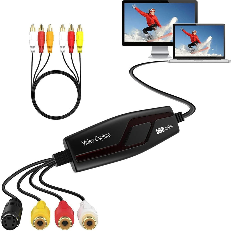 VHS TO Digital Converter, USB Video Capture Card, Video Capture Device, RCA TO USB Converter,Convert VHS VCR Hi8 Mini DV to Digital/DVD,For Tape Player Camcorder Camera PC TV,Windows Mac OS Compatible Black