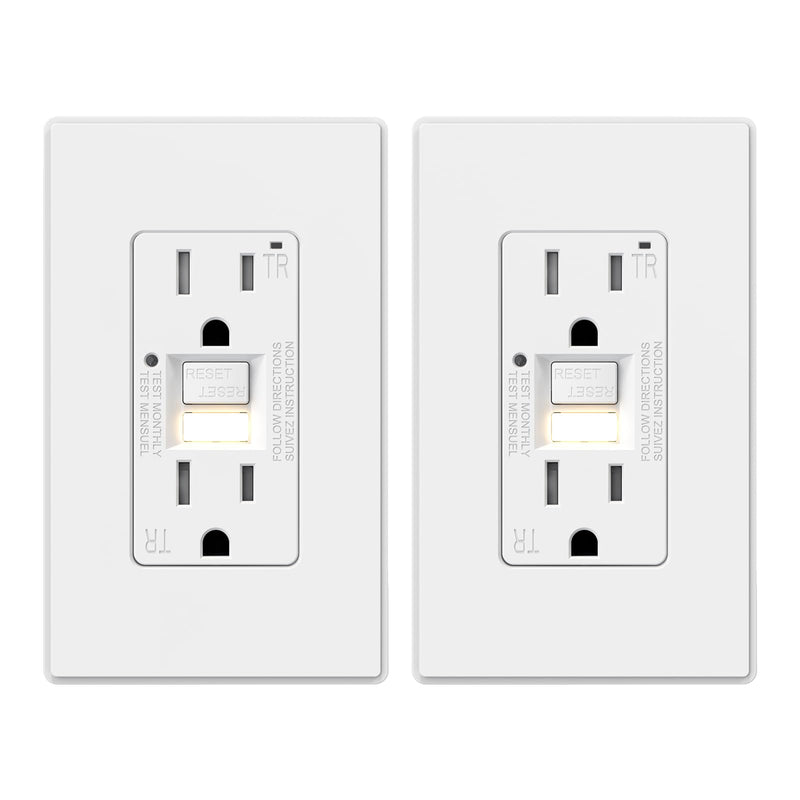 ELEGRP GFCI Outlet w/Nightlight, 15 Amp Self-Test GFI Electrical Outlet, Thinner Design, Tamper Resistant GFCI Receptacle, Ground Fault Receptacle w/Wall Plate, UL Listed, Matte White, 2 Pack 15 Amp Outlet