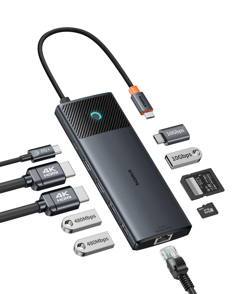 Baseus Docking Station Dual Monitor 10Gbps 10 in 1 USB C Hub with 2 HDMI | Single 4K@120Hz, Dual 4K@ 60Hz, 10Gbps USB C and USB A, Gigabit Ethernet, PD 100W, SD/TF for iPhone 17/Mac/Dell/HP/Lenovo