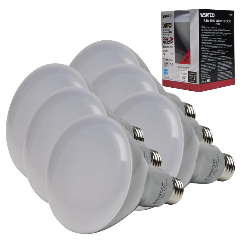 Satco S9620 9.5 Watt BR30 LED Reflector Light Bulbs - 65W Equivalent - 2700K Warm White - 105 deg. Beam Angle - E26 Medium Base - Dimmable - 120 Volt - 25,000 Hours (6 Pack) 6 Pack