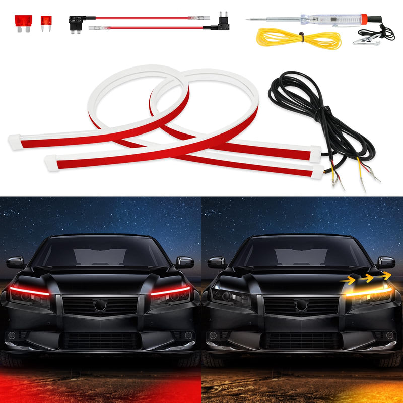 DRL Strip Light,2PCS 24 Inch Waterproof Flexible Sequential Turn Signal Light,DC 12V Super Bright Car Daytime Running Light Red &Amber/Yellow Switchback Sequential Lamp Red & Amber 24 inches