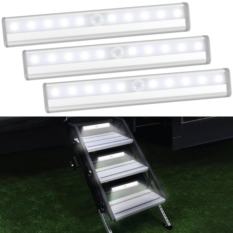 3 Pack Motion Sensor RV Step Lights, 10 LED Battery Operated Motorhome Motion Activated Light Strip, Magnetic Night Light Bar for Motorhome Travel, Trailers, Camper (White Light) White light 7.5