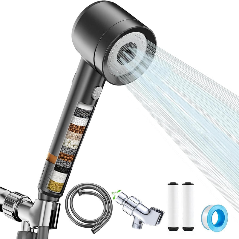High Pressure Shower Head with Handheld, with Pause Switch 4 Spray Modes Water Saving Filter Showerhead, Showerhead Set with Hose, Bracket and Cotton Filter, Make Bathing Healthier (Grey) Gray