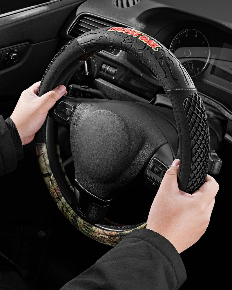 Mossy Oak Camo Steering Wheel Cover - PVC Leather and Cotton Twill, Universal Fit 14 1/2 inches to15 inches - Official Licensed Product… Partial camouflage