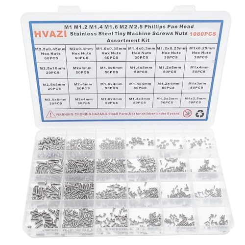1080PCS M1-M2.5 304 SS Phillips Pan Head Tiny Machine Screws Nuts Kit M1/M1.2/M1.4/M1.6/M2/M2.5