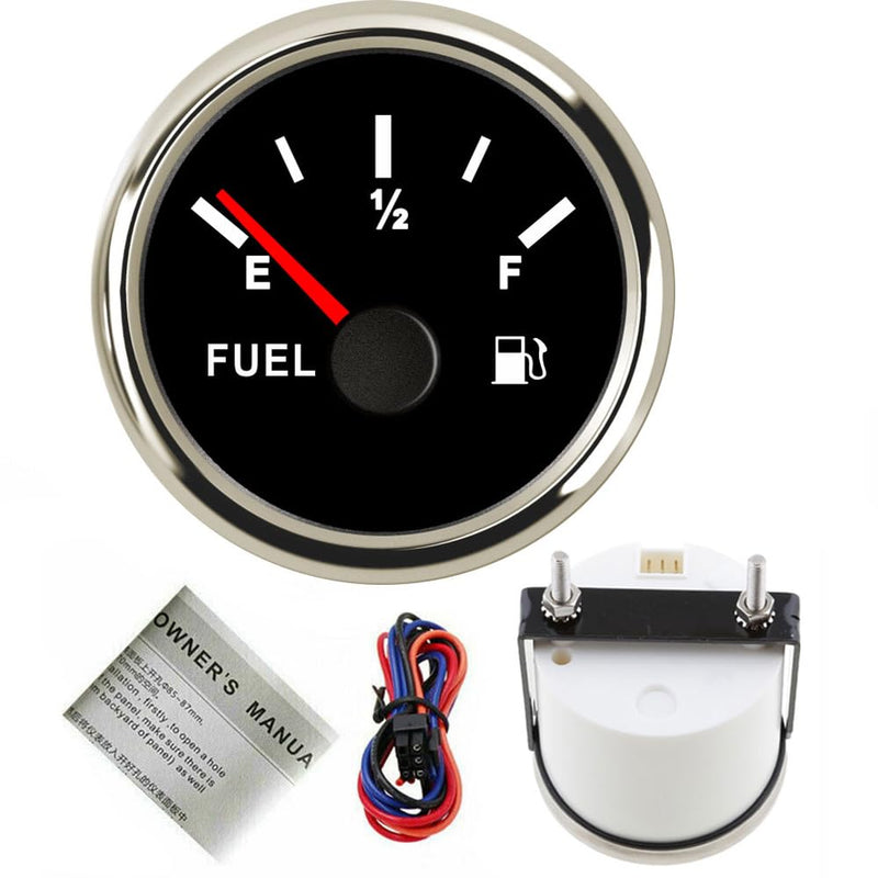 52mm Gas Fuel Level Gauge 0-90 Ohms - Accurate Readings Versatile Compatibility Durable Design - Black Dial with Silver Frame - Ideal for Cars Trucks Marine and More Black face with chrome ring