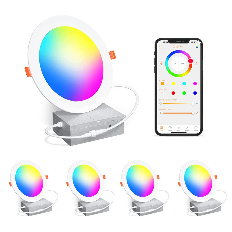 Smart Recessed Lighting 4 Inch RGBCW Color Changing 12W LED Recessed Ceiling Light with Junction Box,2700 K-6000K,1080LM Canless Downlight Compatible with Alexa,Dimmable by Bluetooth Control (4 Pack) White Shell 4 Pack