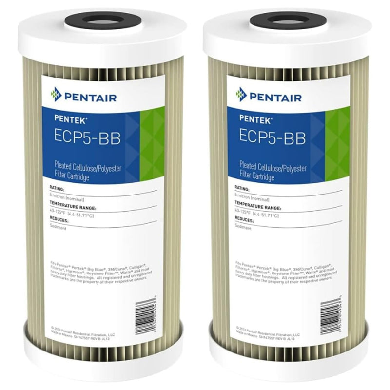 Pentair Pentek ECP5-BB Big Blue Sediment Water Filter, 10-Inch, Whole House Pleated Cellulose Polyester Cartridge, 10" x 4.5", White End-Cap, 5 Micron, Pack of 2