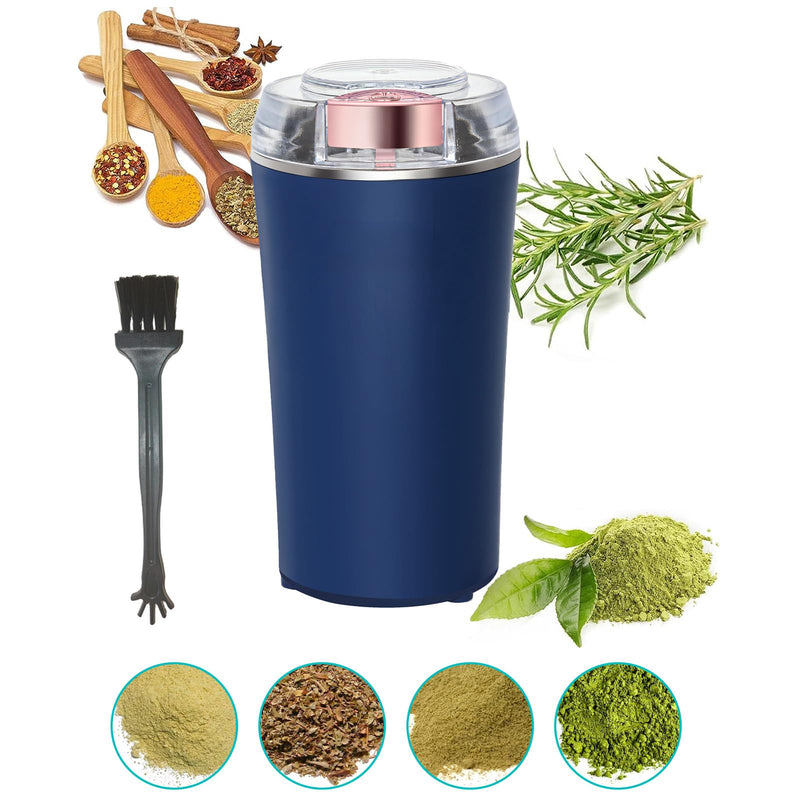 Electric Herb Grinder 200W Powerful Fast Grinding for Dry Spices Flower Buds with Brush, Easy On/Off One-Touch Push Button Powder Grinder Perfect For Herbs, Spices, Nuts, Grains and Coffee Beans Blue