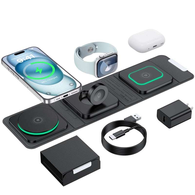 Wireless Charger for iPhone - 3 in 1 Charging Station for Apple Multiple Devices, Foldable Magnetic Mag-Safe Travel Charging Pad for iPhone 15 14 13 12 Pro Max Plus iwatch Watch & Airpods Black